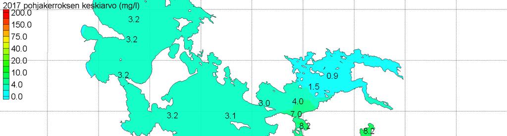 33 Kuva 5-11. Sulfaattipitoisuuden () vuosikeskiarvot ja maksimiarvot kerroksessa 1. laskentavuotena (217). Kuormitus Nuasjärven purkuputkeen 16 t/v ja Kolmisopen kautta noin 84 t/v.