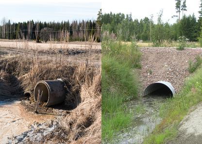 Kuvat ennen (vasemmalla) ja jälkeen kunnostuksen (oikealla). Etelä-Suomen Salaojakeskus. Kuva 14.