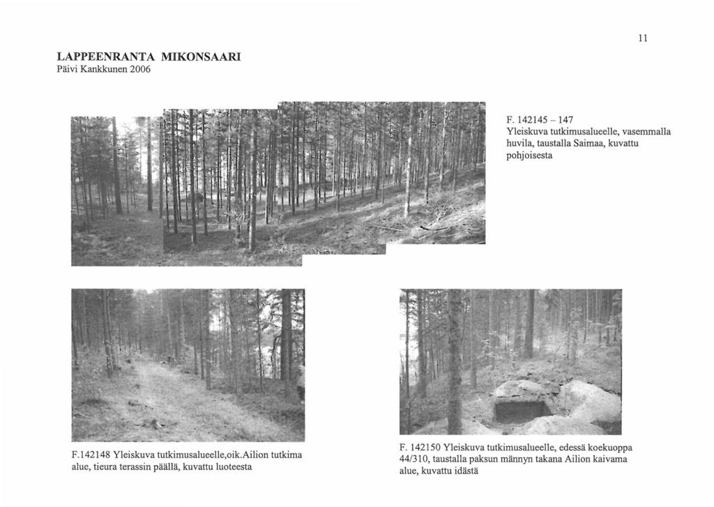 LAPPEENRANTA MIKONSAARI Päivi Kankkunen 2006 11 F. 142145-147 Yleiskuva tutkimusalueelle, vasemmalla huvila, taustalla Saimaa, kuvattu pohjoisesta F.142148 Yleiskuva tutkimusalueelle,oik.
