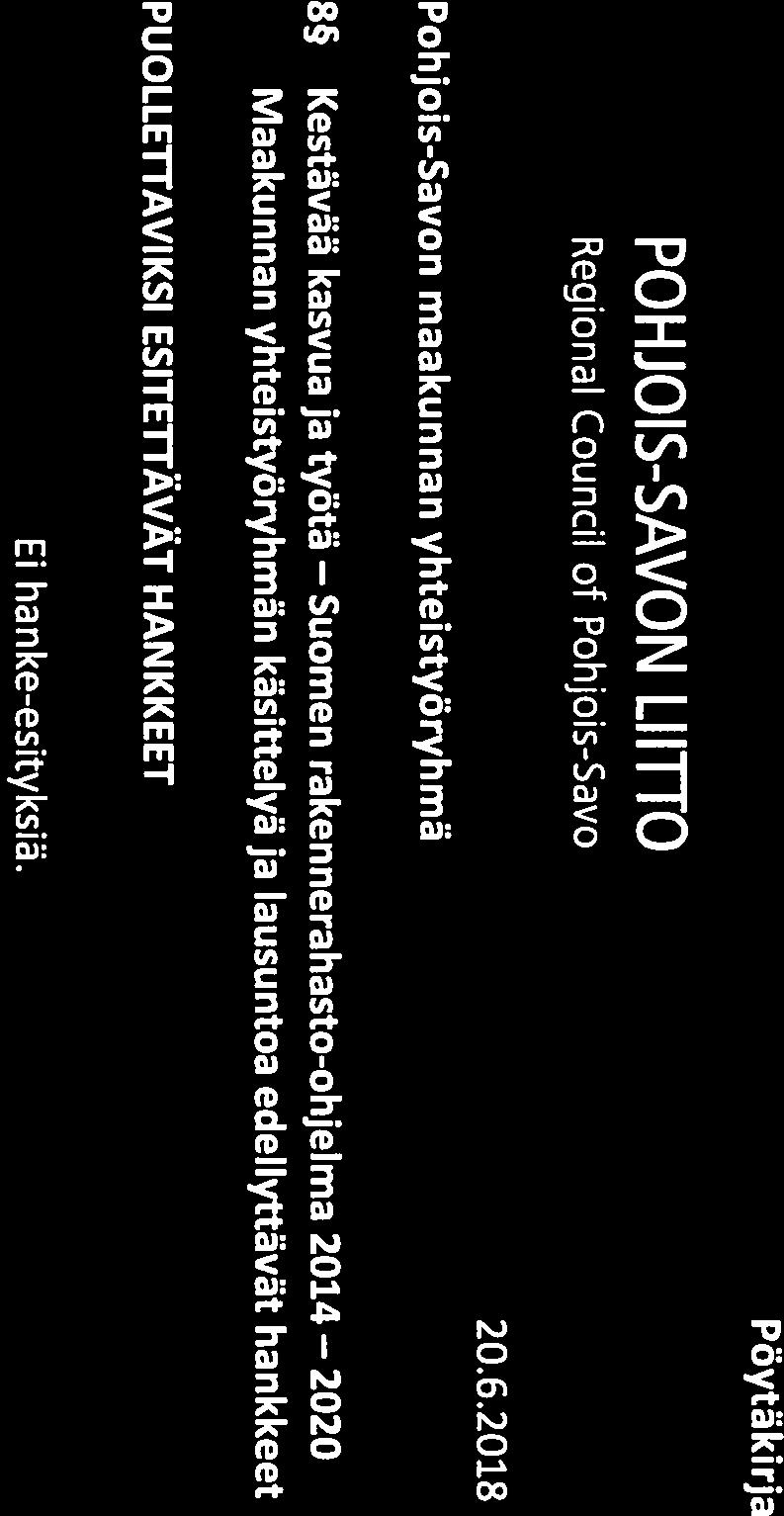 MUUTOS Pöytäkirja 5/2018 5 (6) POHJOIS-SAVON LIIHO Regional Council of Pohjois-Savo 8 Kestävää kasvua ja työtä Suomen rakennerahasto-ohjelma 2014 2020 Maakunnan yhteistyöryhmän käsittelyä ja