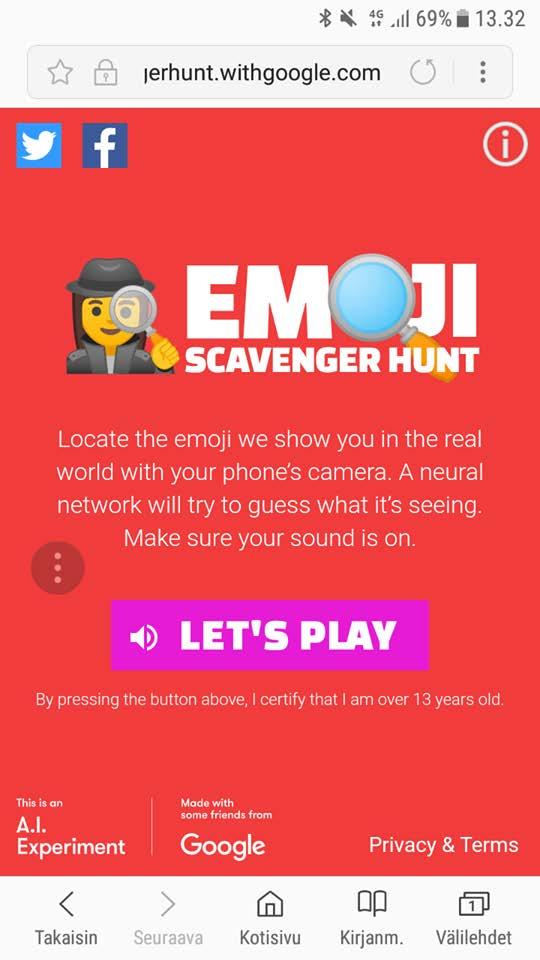 Emojis Scavenger Hunt Googlen koneoppimispohjainen peli, jossa käytät puhelimen kameraan etsiessäsi pelin ehdottamia esineitä