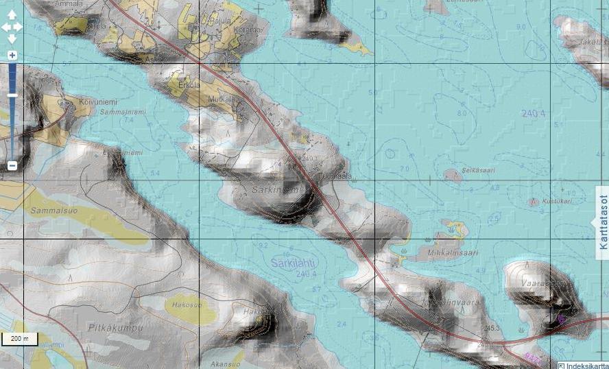 SÄRKINIEMEN RANTA-ASEMAKAAVAN OSITTAINEN MUUTOS 8 Kuva 6 Maastokartta ja rinnevalovarjostus Pohjois-Pohjanmaan ympäristökeskuksen
