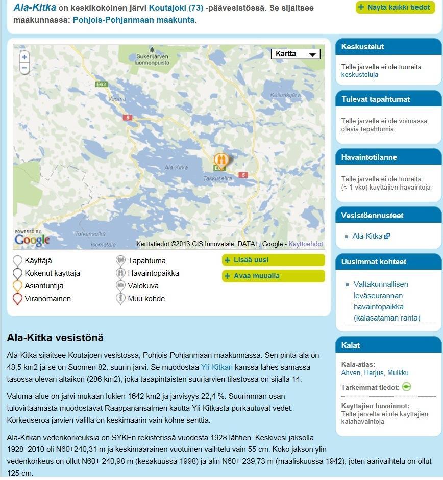 SÄRKINIEMEN RANTA-ASEMAKAAVAN OSITTAINEN MUUTOS 9 Kuva 7 Järviwikin tiedot Ala-Kitkasta Muutosalue ei kuulu arvokkaisiin kallioalueisiin ( Luonnon- ja maisemansuojelun kannalta