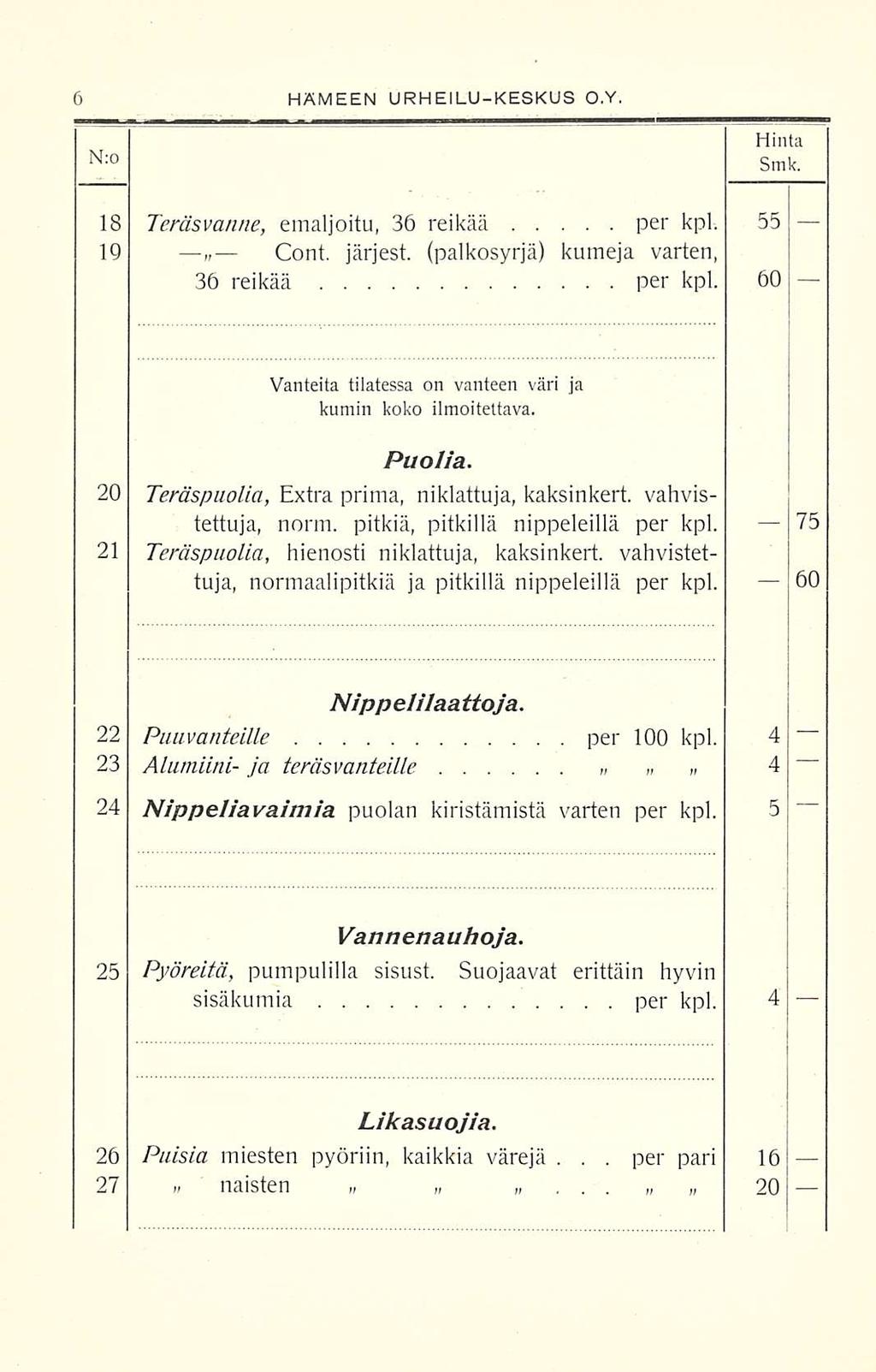 Cont.. HÄMEEN URHEILUKESKUS O.Y, N:0 Hinta Smk. 18 Teräsvanne, emaljoitu, 36 reikää per kpl. 55 19 järjest. (palkosyrjä) kumeja varten, 36 reikää per kpl.