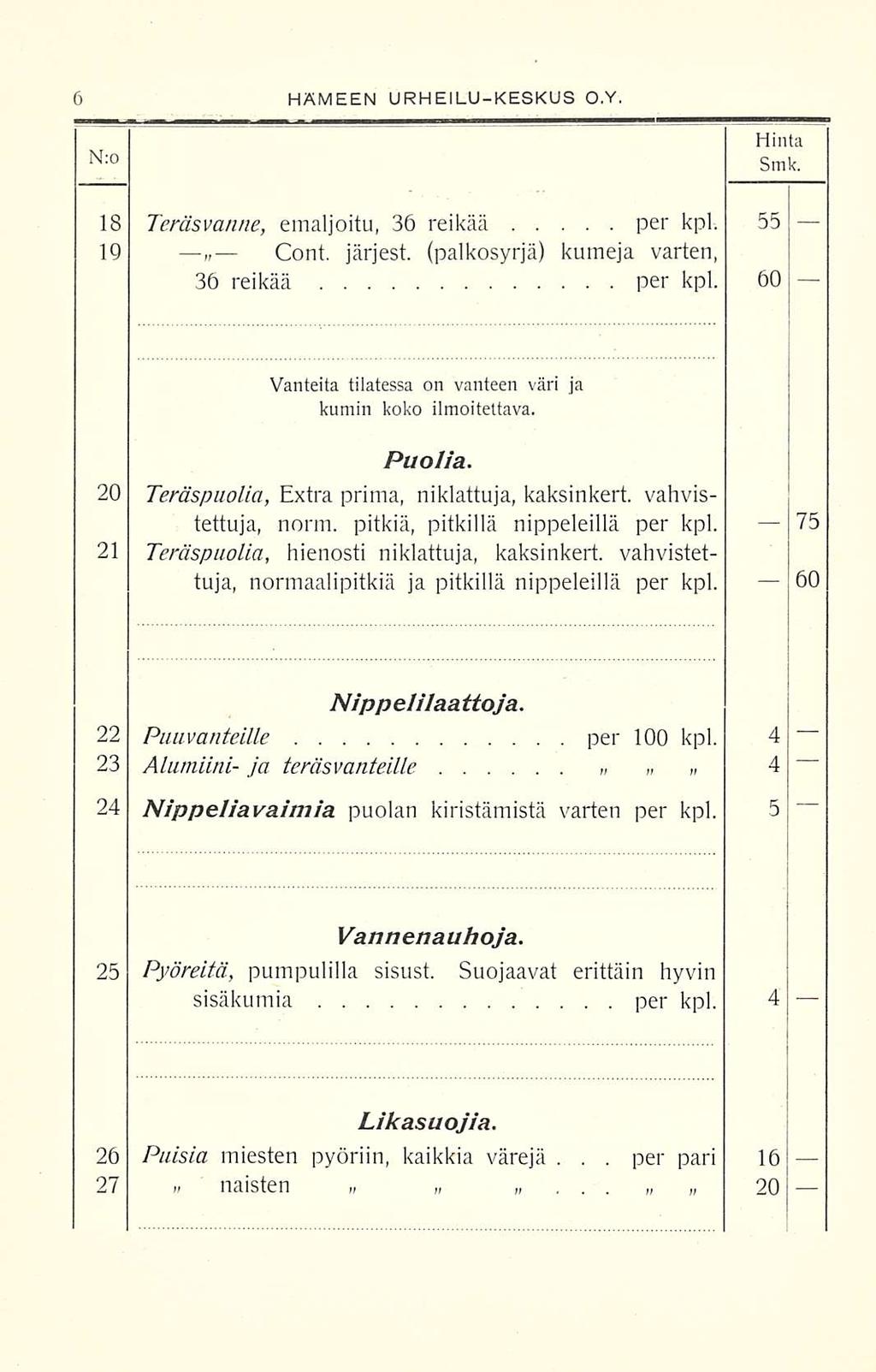 Cont.. HÄMEEN URHEILUKESKUS O.Y, N:0 Hinta Smk. 18 Teräsvanne, emaljoitu, 36 reikää per kpl. 55 19 järjest. (palkosyrjä) kumeja varten, 36 reikää per kpl.