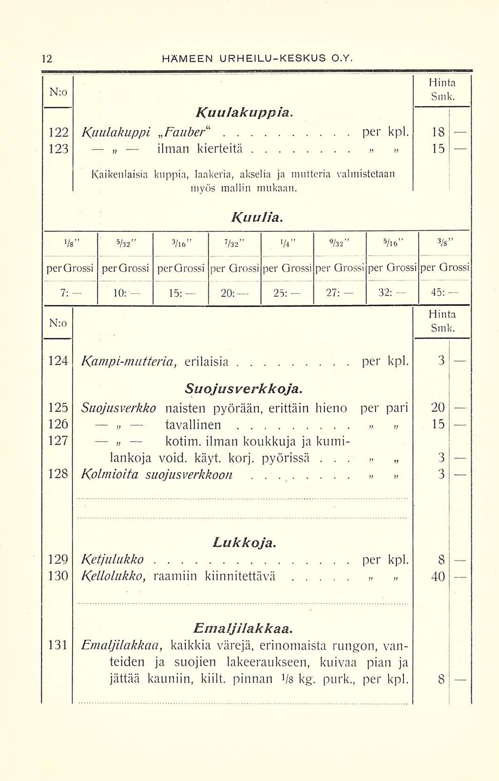 N:0 HÄMEEN URHEILUKESKUS O.Y. Kuulakuppia. 122 Kuulakuppi Fauber a per kpl. 18 123 «ilman kierteitä 15 Kaikenlaisia kuppia, laakeria, akselia ja mutteria valmistetaan myös mallin mukaan. Kuulia.