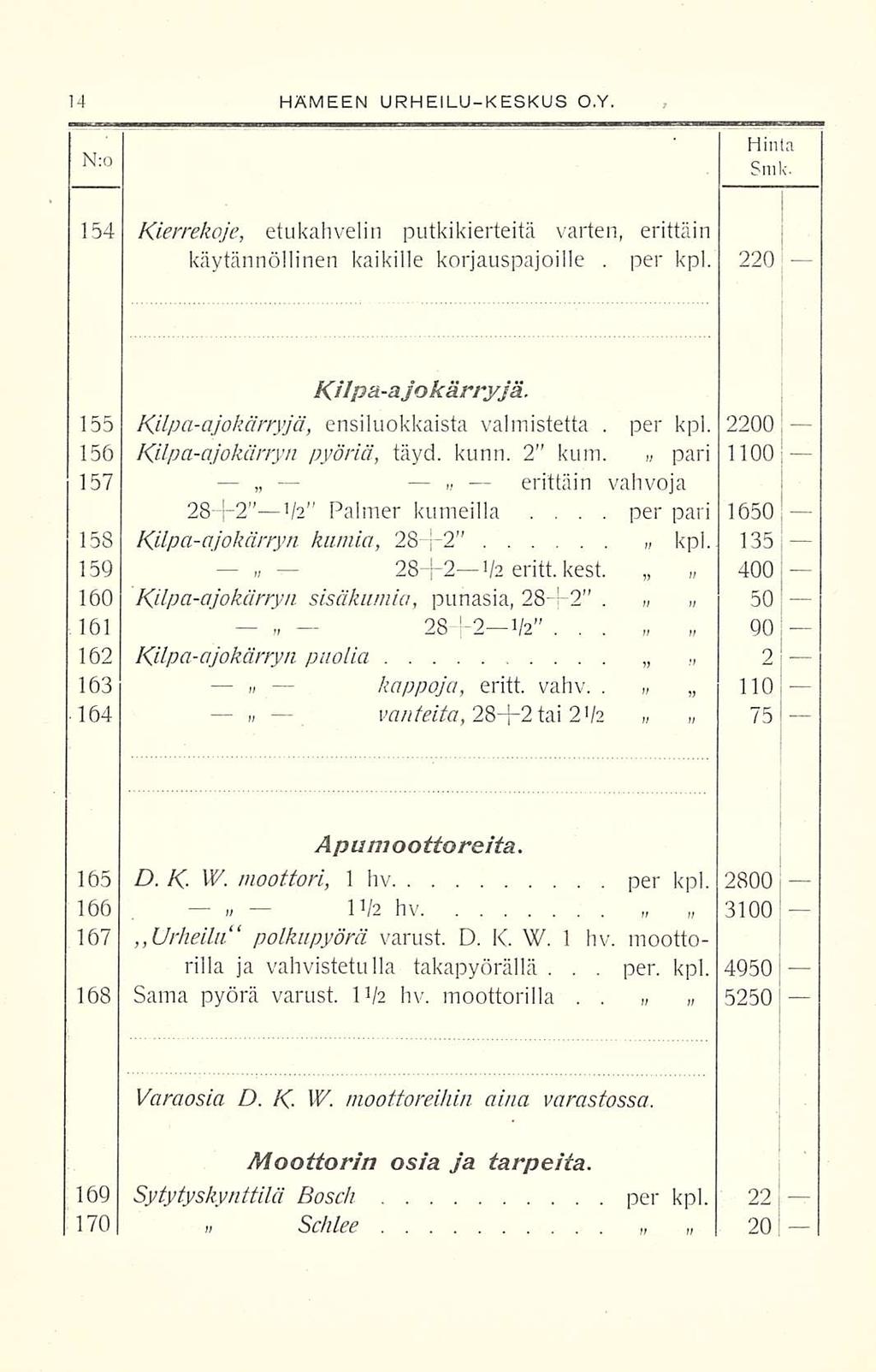 ' per 20 HÄMEEN URHEILUKESKUS O.Y. N:0 Hinta Smk. 154 Kierrekoje, etukahvelin putkikierteitä varten, erittäin käytännöllinen kaikille korjauspajoille. per kpl. 220 50 Kilpäajokärryjä.