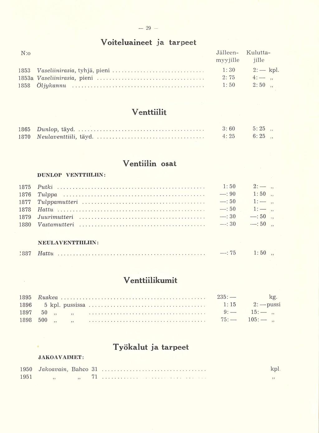 Voiteluaineet ja tarpeet N:o Jälleen- Kuluttamyyjille jille 1853 Vaseliinirasia, tyhjä, pieni 1:30 2: kpl.