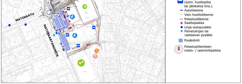 Pysäköintialueelta on yhteys suuntaisliittymällä Matinkartanontielle. Pysäköinnin mitoitus perustuu 2,5 m leveään ja 5 m pitkään pysäköintiruutuun sekä 7 metriä leveään ajokujaan.