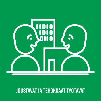 Joustavat ja tehokkaat työtavat Keskitymme enemmän tuloksiin ja vaikuttavuuteen. Työskentelemme joustavammin, ajasta ja paikasta riippumattomasti yhteisöllisyydestä ja yhteistyöstä huolehtien.