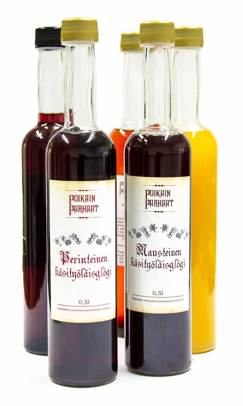 0,5 litran lasipulloihin pakatut glögit ovat saatavana viidessä eri maussa. Hinnat sisältävät yksilöidyn nelivärisen etiketin pulloon.