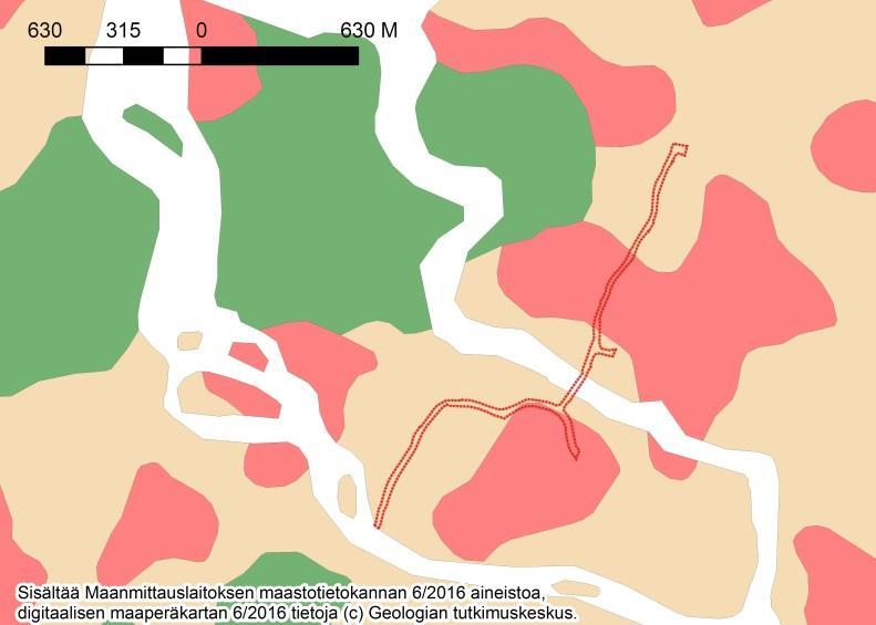 Kuva 7. Ote maaperäkartasta. Suunnittelualuetta kuvaavan tielinjauksen likimääräinen sijainti on osoitettu punaisella rajauksella. (Lähde: GTK 2013