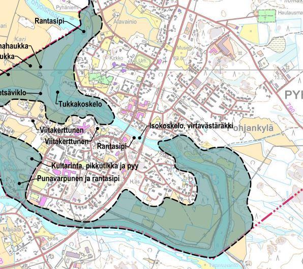 Kuva 3. Ote Pyhäjoen keskustan osayleiskaavan luontoselvityksen liitekartasta 1.Luonnon kannalta huomioitavat kohteet.