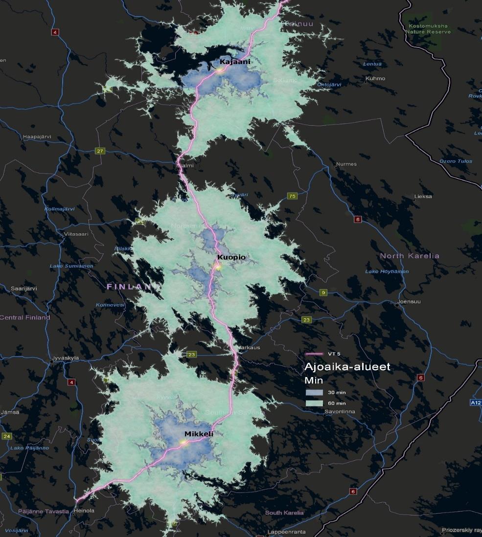 Viitostien saavutettavuusalueet Kuvassa on tarkasteltu Viitostien kolmen suurimman asutus- ja työpaikkakeskittymän saavutettavuutta erikseen 30 minuutin ja 60 minuutin ajoaika-etäisyydellä Mikkelin,