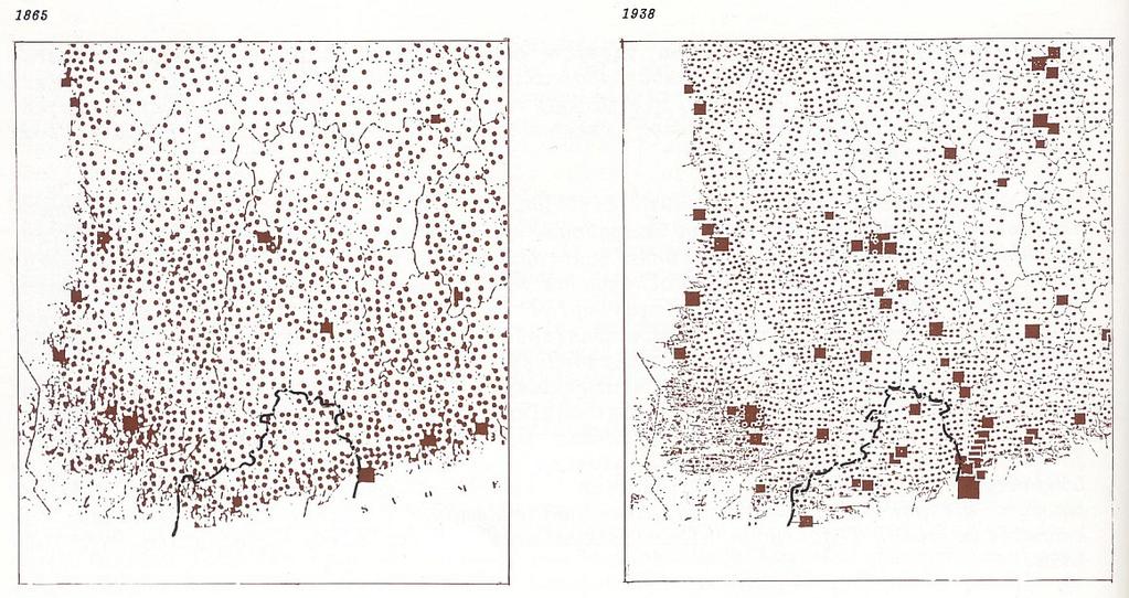 - Asukastiheys 1865 ja 1938, väkiluku yli