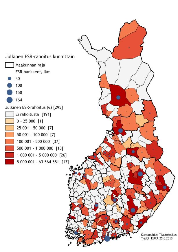 4 Kuva 2. Julkinen ESR-rahoitus kunnittain. Vasemmalla absoluuttinen rahoitus ja oikealla rahoitus suhteutettuna väkilukuun.