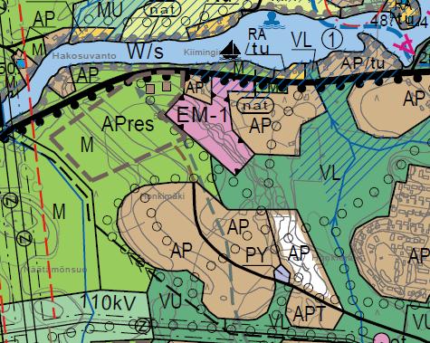 pientalovaltaista asuntoaluetta (AP), pientalovaltaisen asuntoalueen täydennysrakentamis- tai reservialuetta (APres), lähivirkistysaluetta (VL), maisemanhoitoaluetta (EM-1) sekä maa- ja