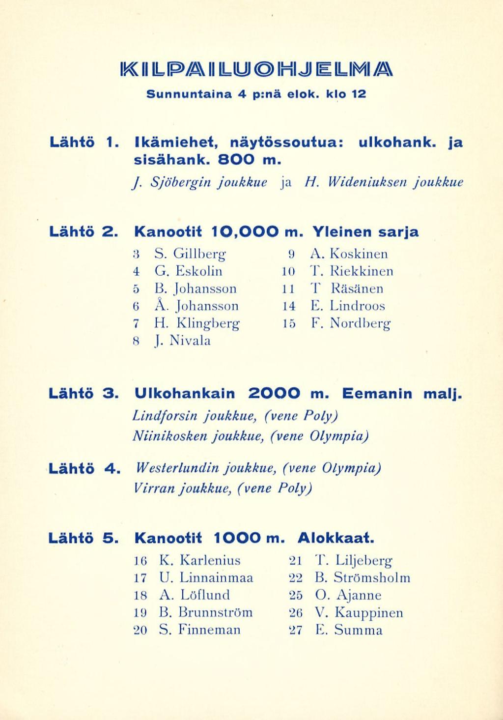 IK< II ILP/A\ li ILU <D IMI J (E LIMI /Å\ Sunnuntaina 4 p:nä elok. klo 12 Lähiö 1 Ikämiehet, näytössoutua: ulkohank. ja sisähank. 800 m. J. Sjöbergin joukkue ja H.