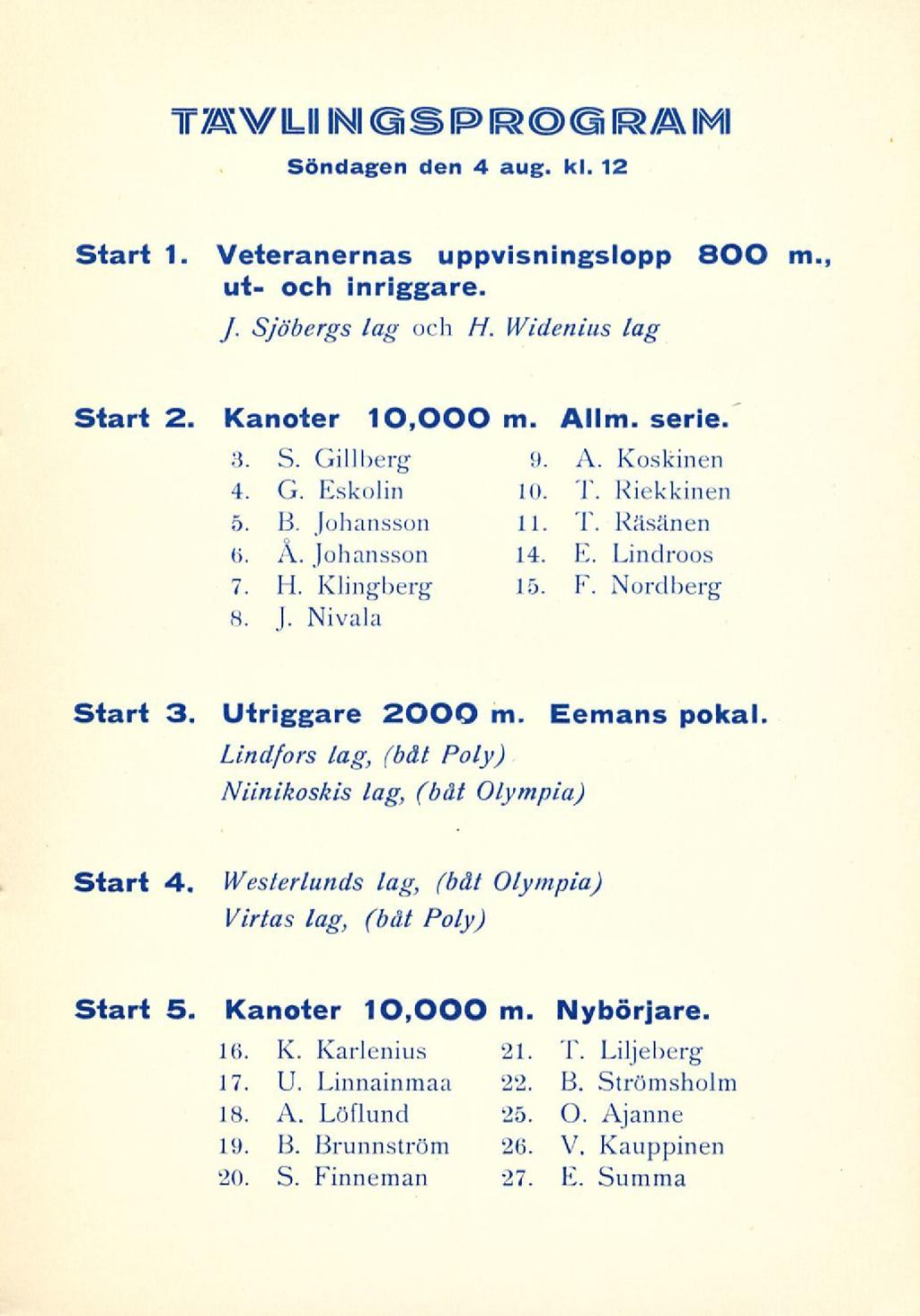 T7ÄWUIINI<OiSP[R? <eiir?/a\imi Söndagen den 4 avg. kl. 12 Start 1. Veteranernas uppvisningslopp 800 ut och inriggare. /. Sjöbergs lag och ti. Widenius lag m., Start 2. Kanoter 10,000 m. Allm. serie.