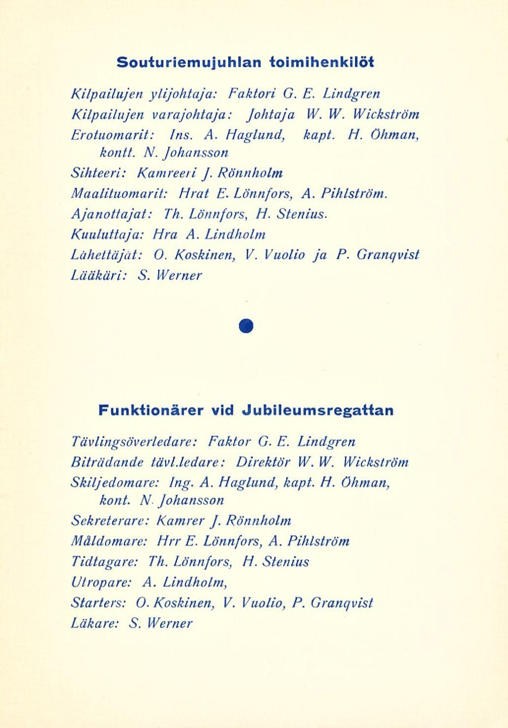 Souturiemujuhlan toimihenkilöt Kilpailujen ylijohtaja: Faktori G. E. Lindgren Kilpailujen varajohtaja: Johtaja W. W. Wickström Erotuomarit: Ins. A. Haglund, kapt. H. Öhman, kontt. N.