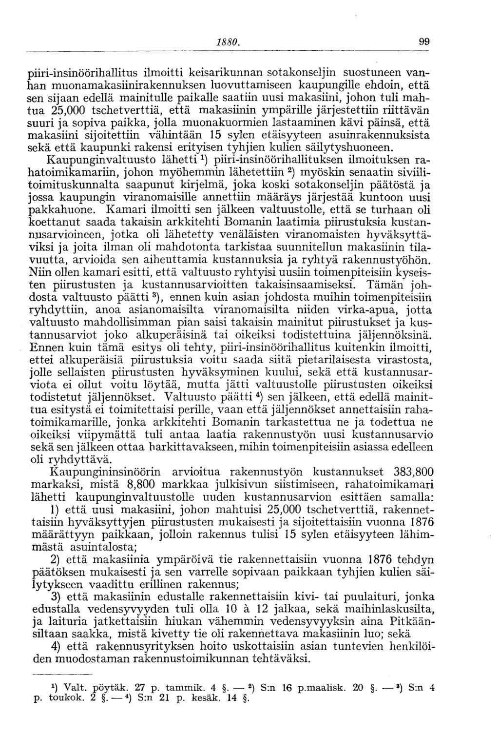 1880. 99 piiri-insinöörihallitus ilmoitti keisarikunnan sotakonseljin suostuneen vanhan muonamakasiinirakennuksen luovuttamiseen kaupungille ehdoin, että sen sijaan edellä mainitulle paikalle saatiin