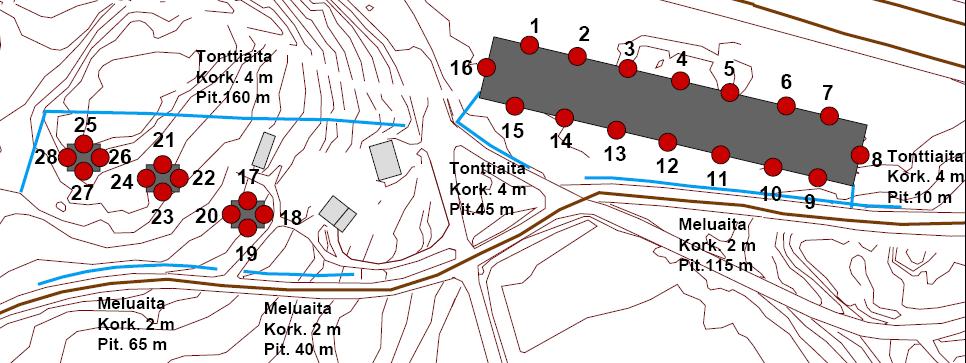 Meluselvitys Ruukinranta asemakaava-alueelle 10 Kuva 8. Turunväylän varren uusien rakennusten julkisivumelun mallinnuspisteiden numerot ja suunnitellut meluaidat. Kuva 9.