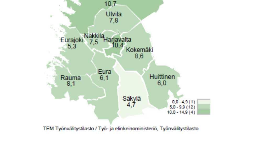 Vuoden takaiseen verrattuna työttömien määrä on alentunut 1940 henkilöllä (-18,2%). Työttömien osuus työvoimasta oli syyskuun lopussa 8,7 %.