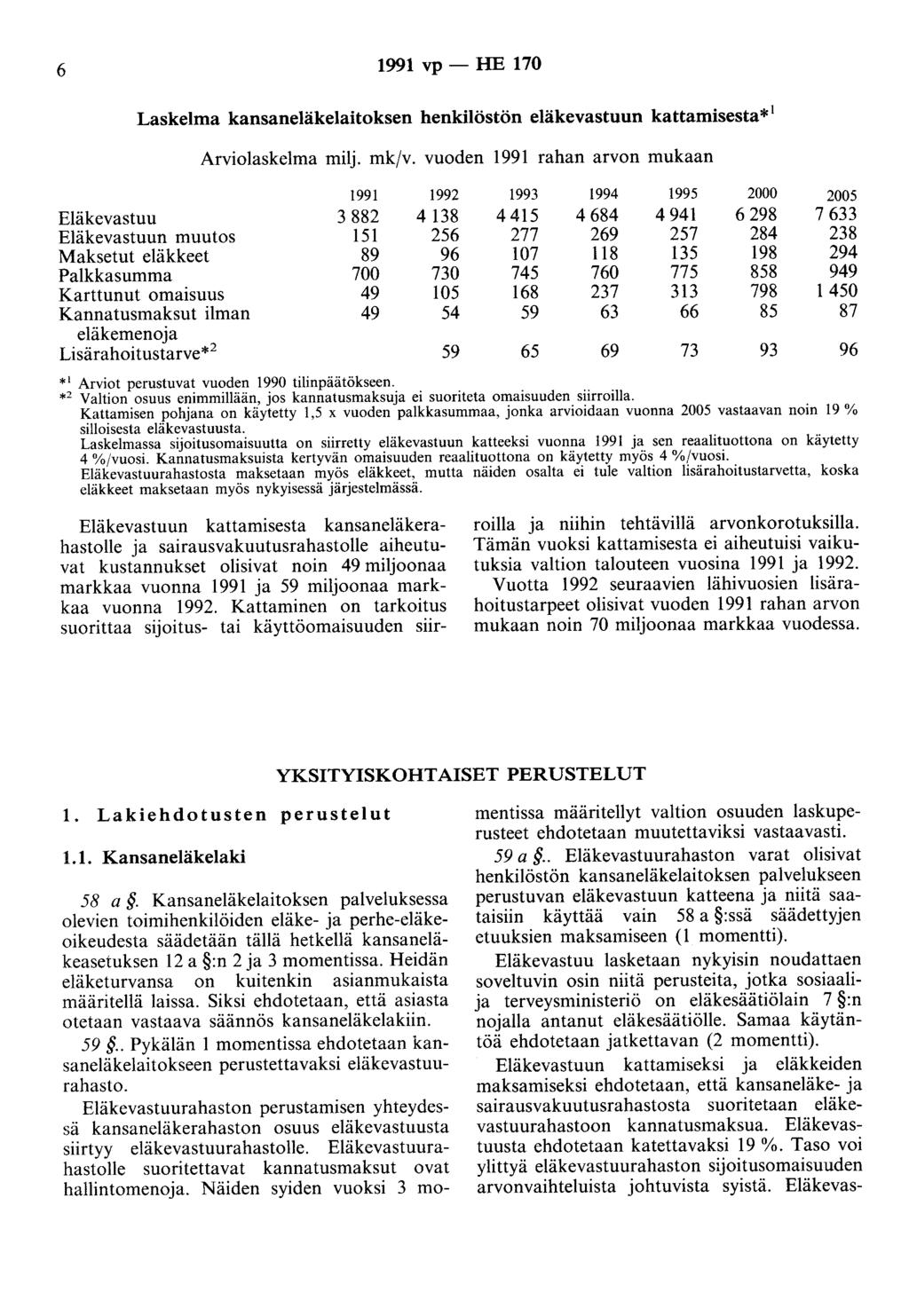 6 99 vp- HE 70 Laskelma kansaneläkelaitoksen henkilöstön eläkevastuun kattamisesta* Arviolaskelma milj. mkjv.