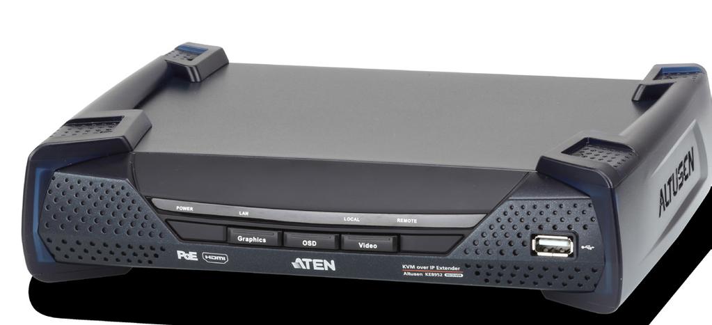 DVI-I KVM over IP -extenderi ATEN KE6900 DVI-I KVM over IP -extenderi. Voidaan kytkeä näppäimistö, näyttö ja hiiri netin yli tietokoneeseen. Tukee molemmissa päissä DVI-I -monitoria.