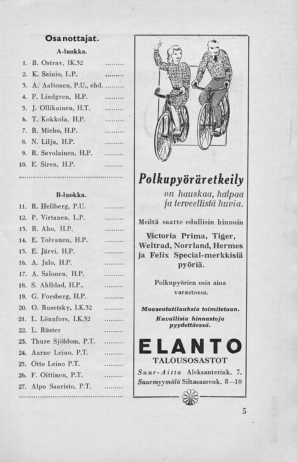 Osa nottajat. A-luokka. 1. B. Ostrav, 1K.32 2. K. Sainio, L.P. 3. A. Aaltonen, P.U., ehd 4. P. Lindgren, H.P. 5. J. Ollikainen, H.T 6. T. Kokkola, H.P 7. R. Mieho, H.P. 8. N. Lilja, H.P. 9. R. Savolainen, H.