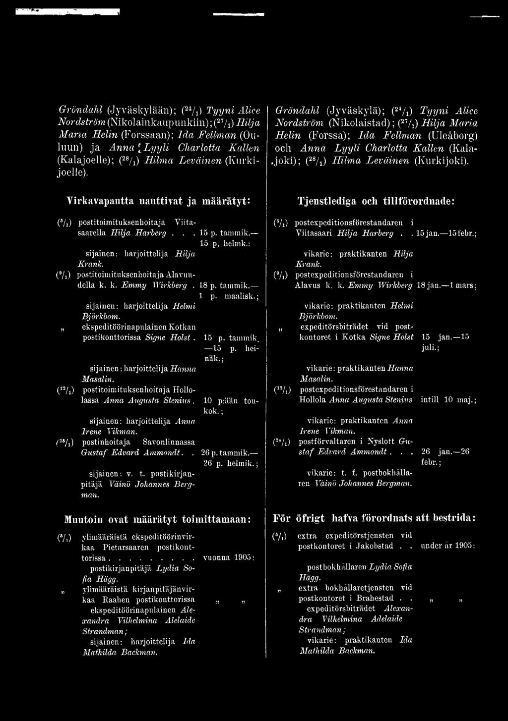 (25/i) postinhoitaja Savonlinnassa Gustaf Edvard Ammondt. 10 p:ään toukok,;. 26 p. tammik. 26 p. helmik.; sijainen: v. t. postikirjan- pitäjä Väinö Johannes Bergman.