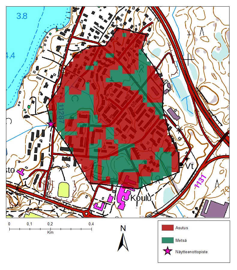 Kuva 20. Asutusvaltainen valuma-alue numero 3B. Valuma-alue sijaitsee Kirkkonummen pohjoisosassa Veikkolassa.