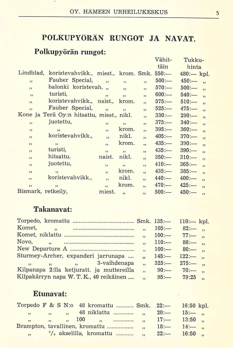 POLKUPYÖRÄN RUNGOT Polkupyörän rungot: JA NAVAT. Vähit- Tukkutäin Lindblad, koristevahvikk., miest., krom. Smk. 550: 480: kpl. 450: balonki koristevah. 570: 500: turisti, koristevahvikk.