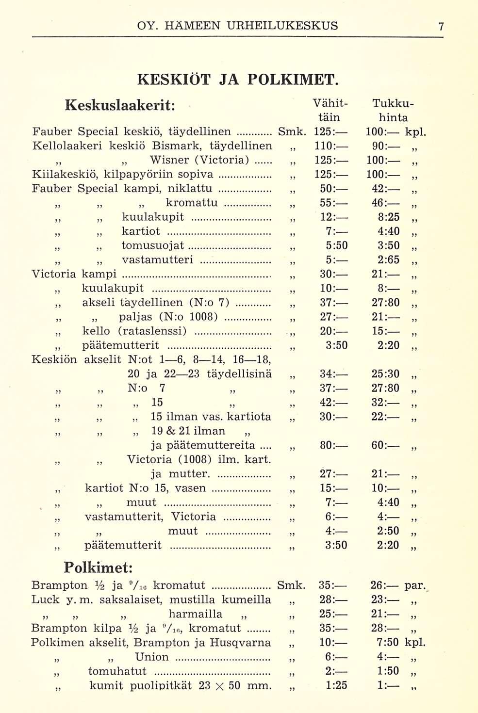 . 12: 1:25 KESKIÖT JA POLKIMET. Keskuslaakerit: Vähit- Tukkutäin Fauber Special keskiö, täydellinen Smk.