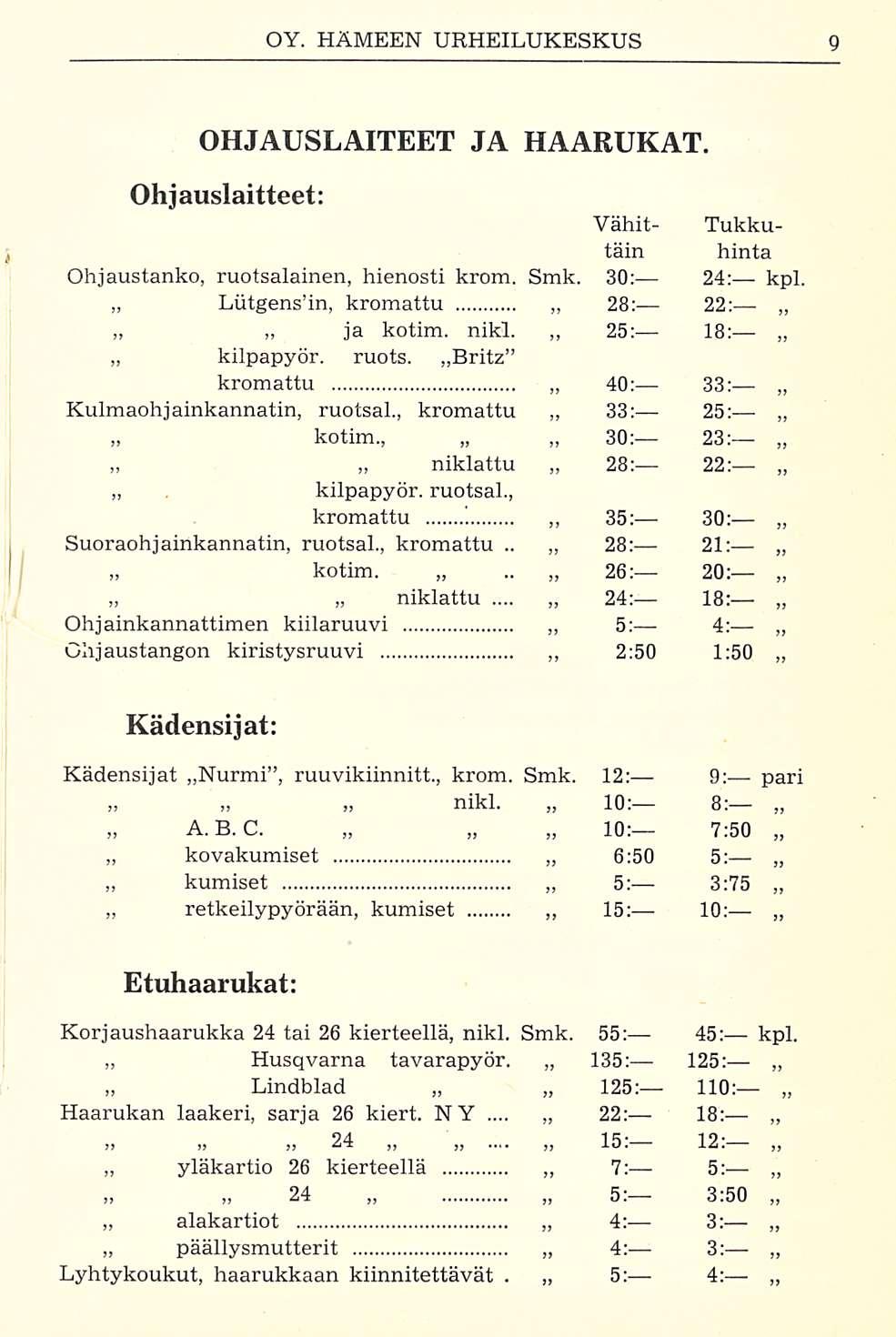 s: OHJAUSLAITEET JA HAARUKAT. Ohjauslaitteet: 28: Vähit- Tukkutain Ohjaustanko, ruotsalainen, hienosti krom. Smk. 30: 24: kpl. 22: Lixtgenshn, kromattu 25: 18: ja kotim. nikl. kilpapyör. ruots. Britz kromattu 40: 33: Kulmaohjainkannatin, ruotsal.