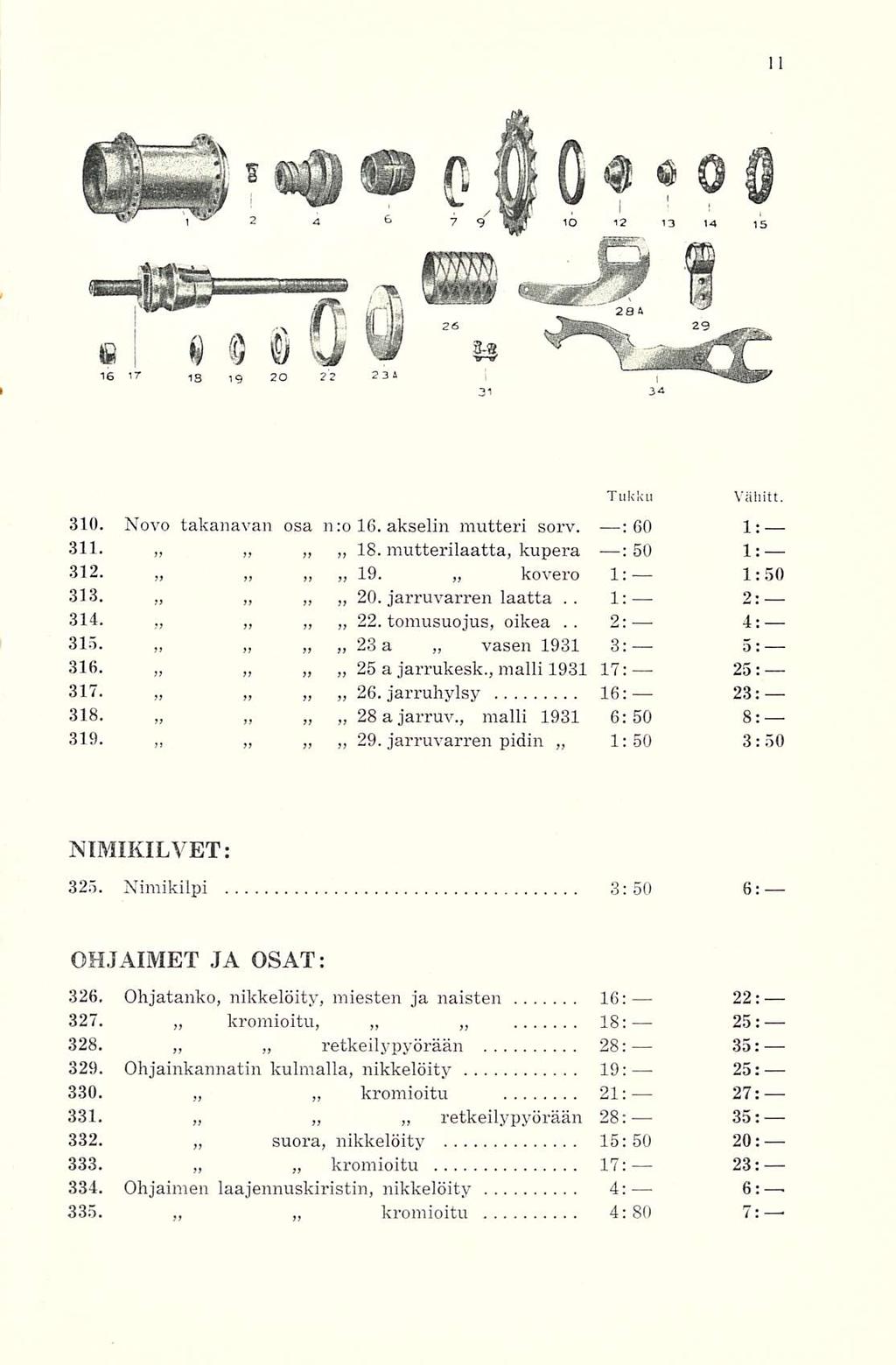kromioitu 1:- Tukku Vähitt. 310. Novo takanavan osa n:o 16. akselin mutteri sorv. ; 60 1: 311. 18. mutterilaatta, kupera : 50 1: 312. 19. kovero 1: 1:50 313. 20. jarruvarren laatta.. 2: 314. 22.