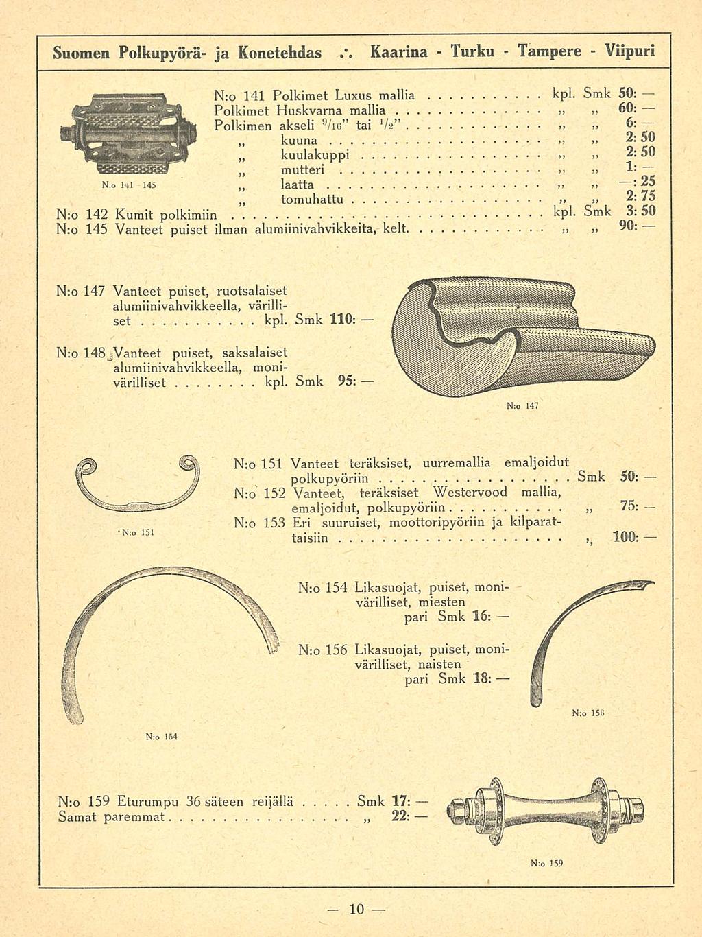 ~ tomuhattu Smk Turku Suomen Polkupyörä ja Konetehdas Kaarina N;o 145 N:o 141 Polkimet Luxus mallia kpl Smk 50: Polkimet Huskvarna mallia 00:»» Polkimen akseli 9 /ie tai ~ V2 6: kuuna 2:50»» >»