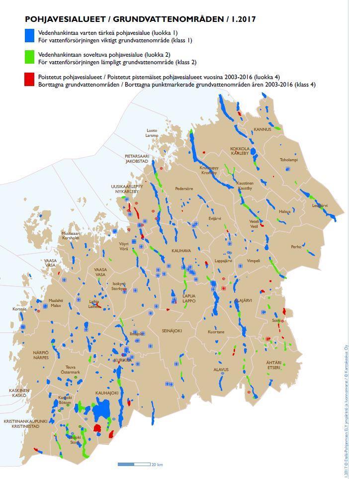 Klass I och II grundvattenområden inom Södra Österbottens NTMcentral Utgångsläge före klassificeringsarbetet Etelä-Pohjanmaan ELY-keskuksen toimialueen pohjavesialueet I ja II luokka Lähtötilanne