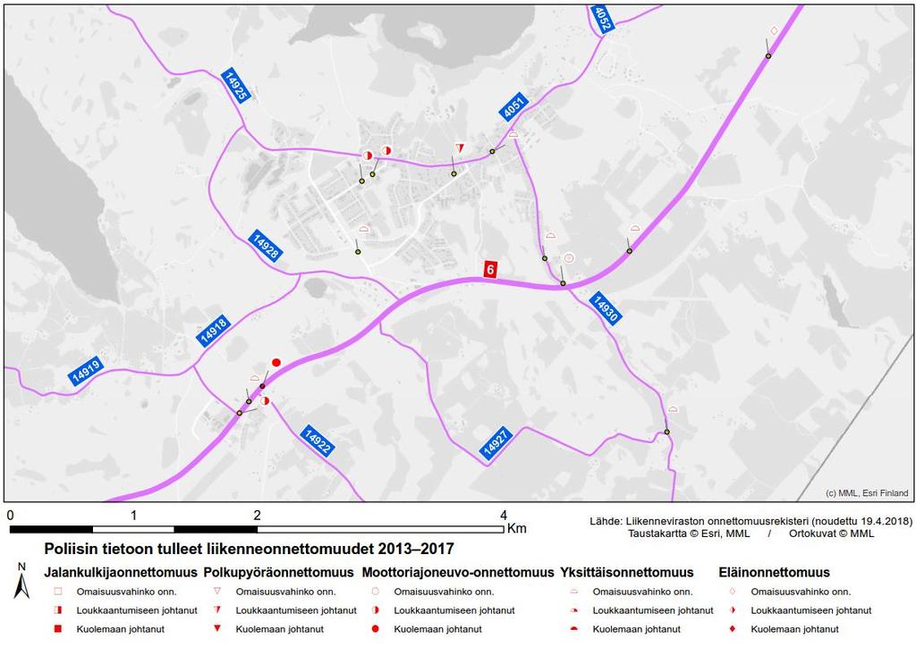 LIIKENNETURVALLISUUS Poliisin tietoon tulleita liikenneonnettomuuksia on vuosina 2013-2017 tapahtunut osayleiskaava-alueella melko vähän, viisi kappaletta.