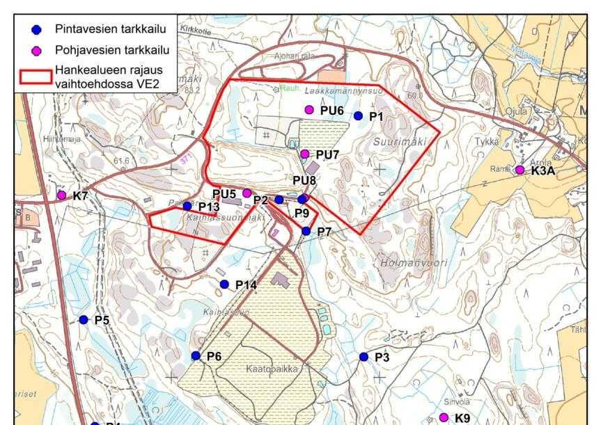 Kuva 6-3. Hyötyvirta-alueen tarkkailupisteet. Pohjaveden sekä kaivojen tarkkailupisteiden kuvaukset on esitetty taulukossa (Taulukko 6-5).