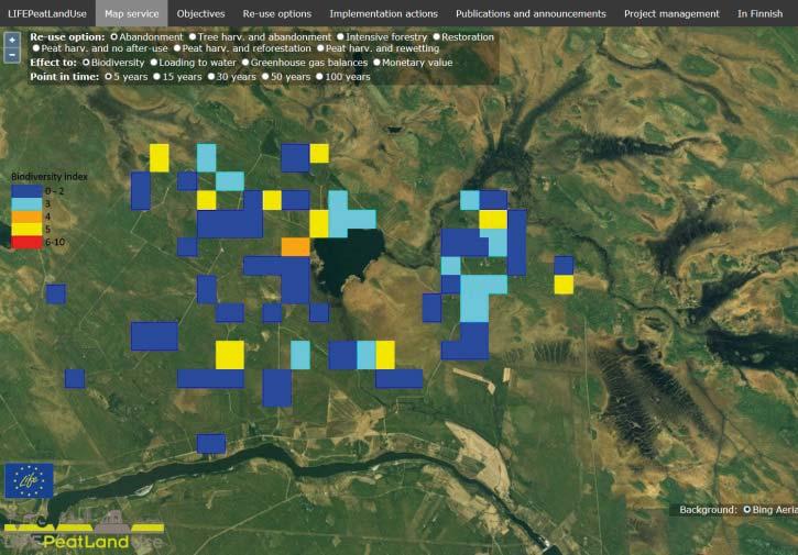 Jatkokäytön vaikutukset kartalla Avoin karttapalvelu esittää LIFEPeatLandUse-hankkeessa tuotetut ekosysteemipalveluvaikutukset ja taloudelliset vaikutukset sekä niiden ennusteet helppokäyttöisessä