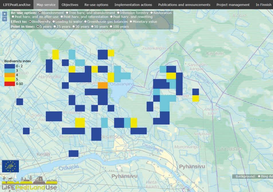 html Karttasovellus pähkinänkuoressa: Heikkotuottoisten ojitettujen soiden monimuotoisuus, vesistökuormitus, kasvihuonekaasutaseet ja taloudelliset vaikutukset neliökilometrin tarkkuudella.