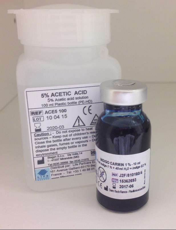 Staining agents Non-absorbable stains Indigo carmine 0,2% Contrast enhancement Outlines superficial texture Reactive stains Acetic acid
