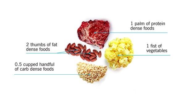 rasvoja (suosi pehmeitä rasvoja) Naiset - 1 kämmenellistä (alue ilman sormia) proteiinirikasta ruokaa - 1 nyrkillistä kasviksia