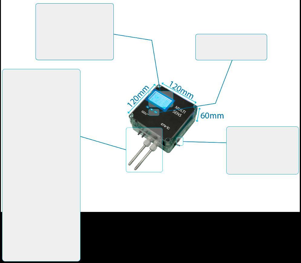 Tekniset tiedot Taustavalaistu 128x64px LCD- näyttö Teksti näytöllä, tuki jopa 12:lle eri ASCII merkille Muisti ~300 000:lle mittauslukemalle Responsiiviset näppäimet laitteen navigointiin