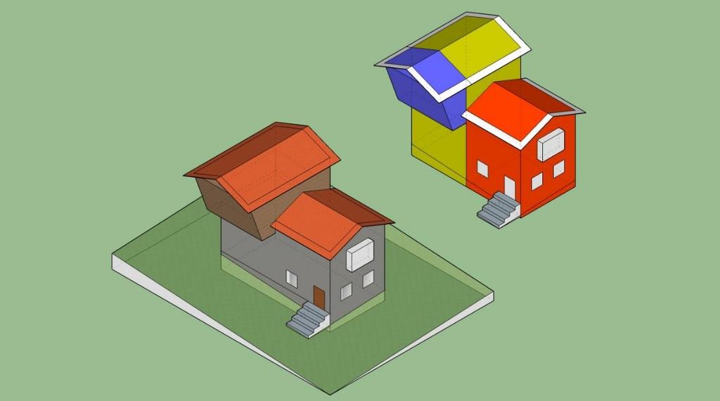 R&R 3D-muodostamisohjeet 11 Kuva 13. Rakennuksen mallintamisperiaatteet LoD3-tasolla. RakennuksenOsat (punainen, keltainen, sininen) on eroteltuna toisistaan ja muodostavat yhdessä rakennus-kohteen.