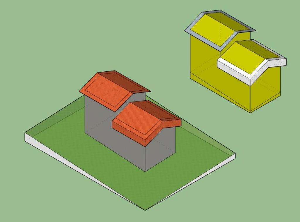 Oikeanpuolimmainen sarja kuvaa tilannetta rakennuksen osan ulottuessa rakennuksen kivijalan rajaaman alueen ulkopuolelle. Eri värit esittävät rakennuksen jakamista osiin.