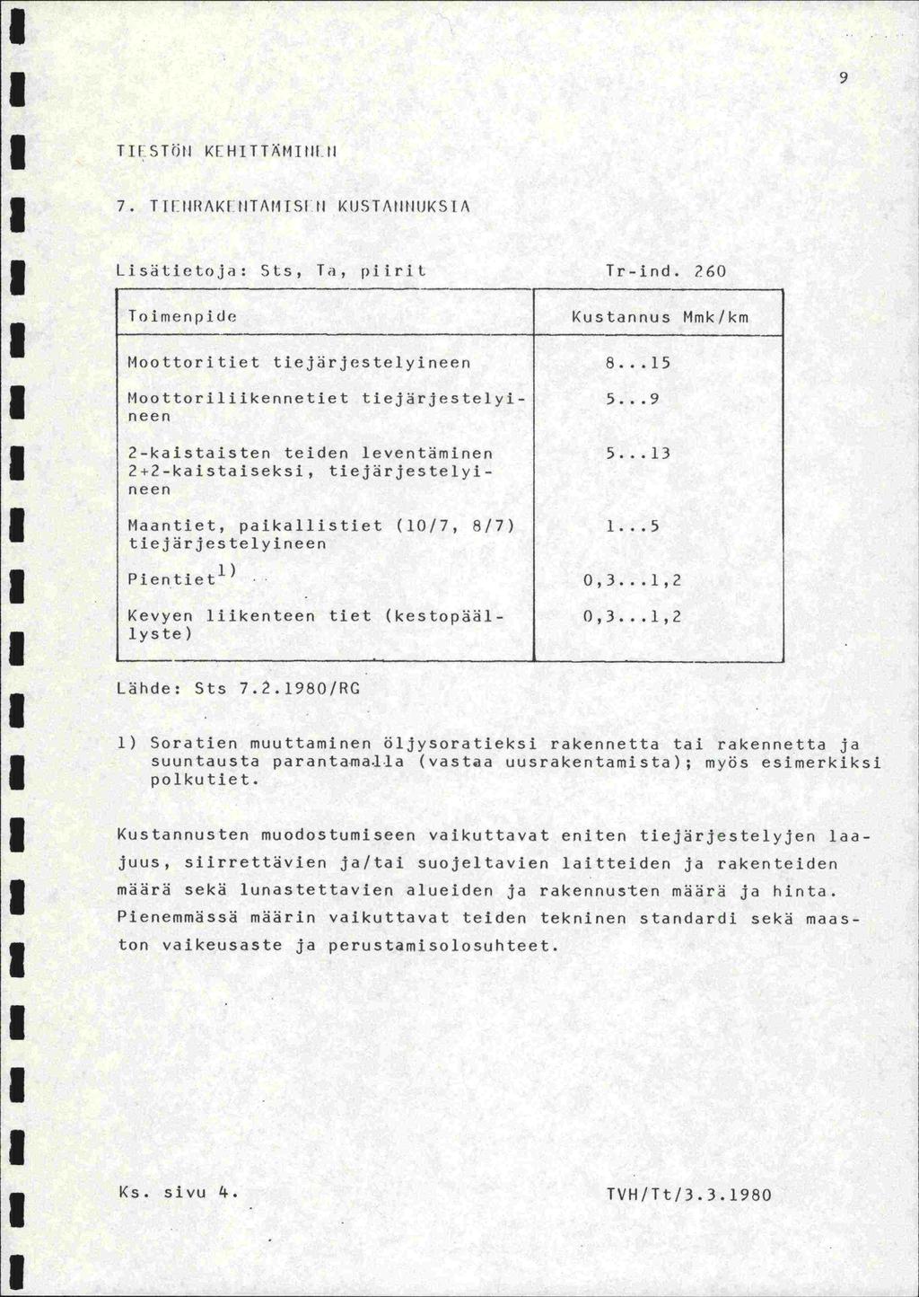 9 TIE STII K[HITTMIIII EI 7. T IIIIIRAKIEITAIIISI II KI)STA?UIEJKSE A Lisätietoji: Sts, Td, piiril Tr-ind.?60 Toimenpide Kustannus Mmk/km Moottoritiet tiejärjestelyineen 8.