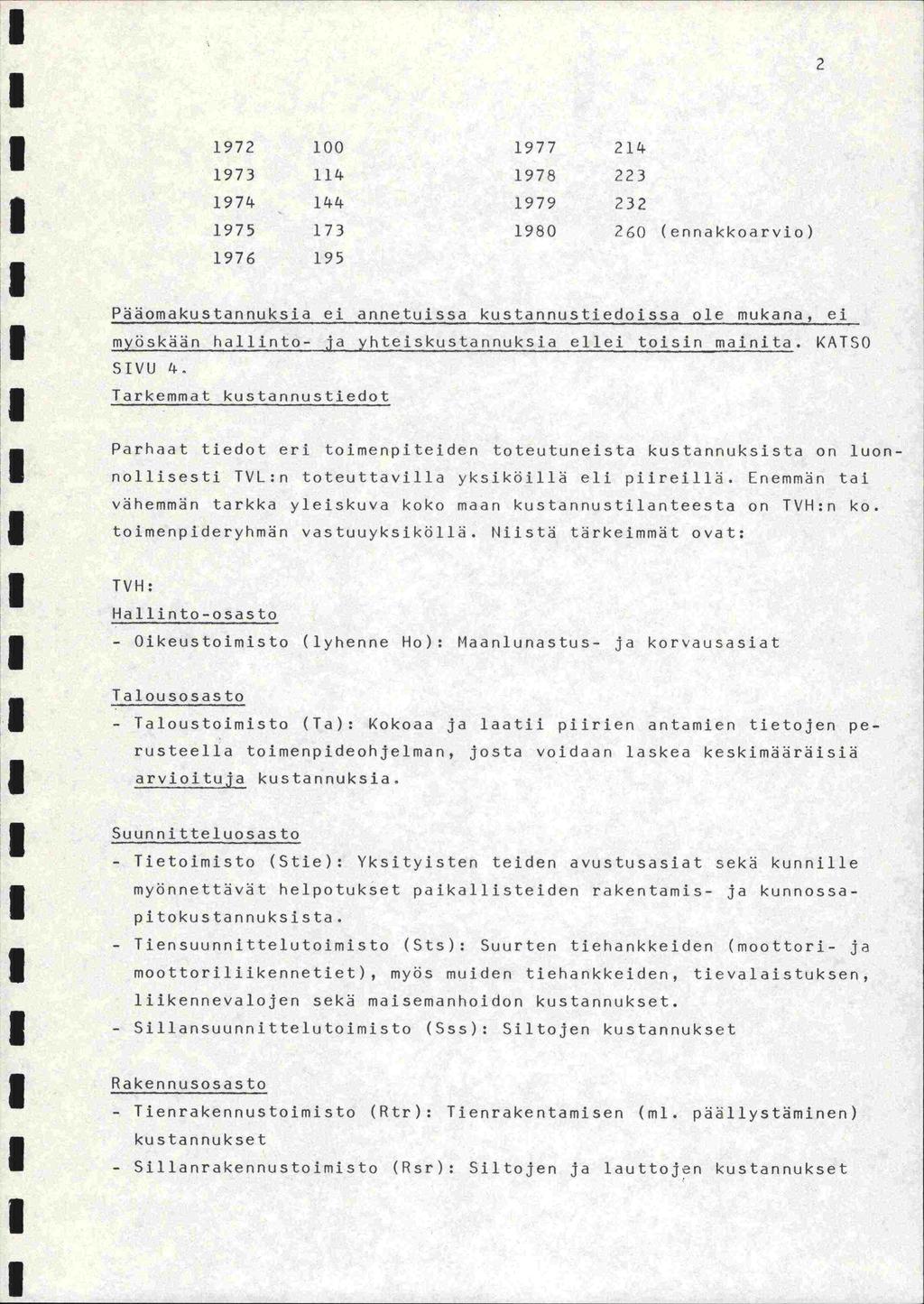 2 1972 1973 1974 1975 1976 100 114 144 173 195 1977 214 1978 223 1979 232 1980 2O (ennakkoarvio) Päaomakustannuksia ei annetuissa kustannustiedoissa ole mukana, ei myöskään hallinto- ja