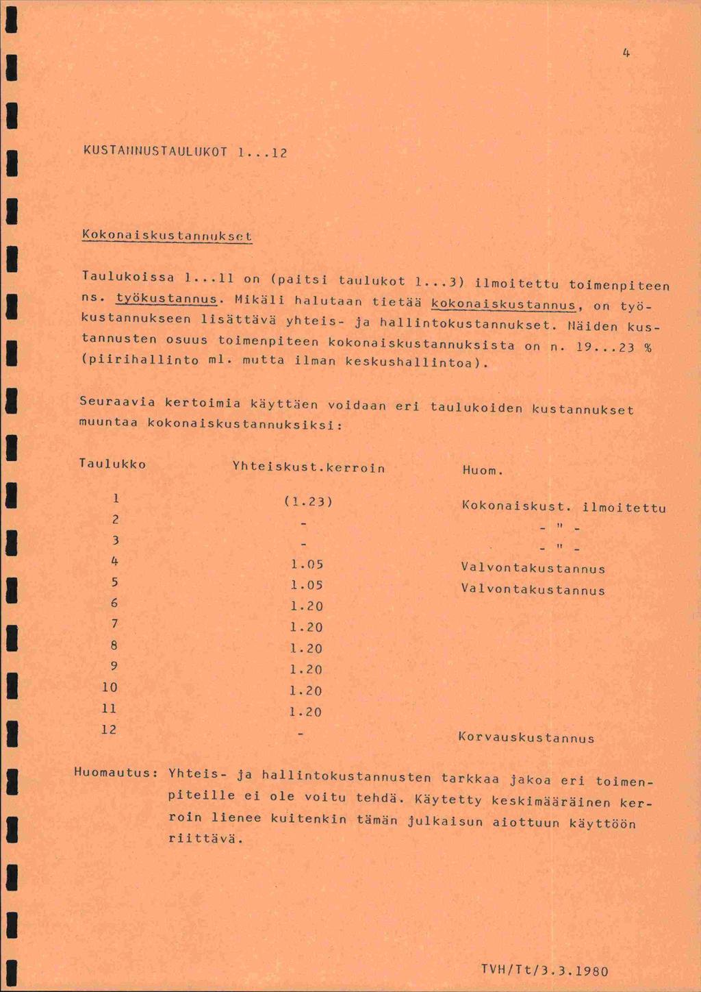 4 KUSTAHIItJSTAULtJKOT 1...1? Kokonajskus tanutikse t Taulukoissa 1...11 on (paitsi taulukot 1...3) ilmoitettu toimenpiteen ns. yökustannus. Mikali halutaan tietää kokonaiskustannus, on työ-.